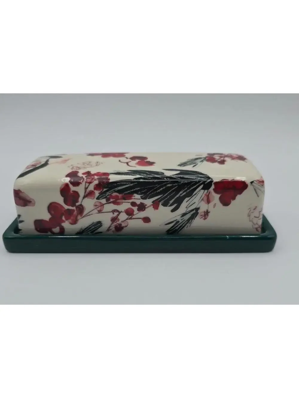 Anthropologie Holly Berry Stoneware Butter Dish Green Base Holiday Kitchen Decor